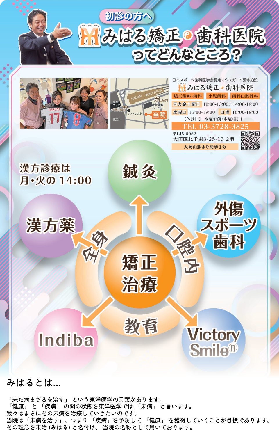 みはるとは・・・「未だ病まざるを治す」という東洋医学の言葉があります。「健康」と「疾病」の間の状態を東洋医学では「未病」と言います。我々はまさにその未病を治療していきたいのです。当院は「未病を治す」、つまり「疾病」を予防して「健康」を獲得していくことが目標であります。その理念を未治（みはる）と名付け、当院の名称として用いております。